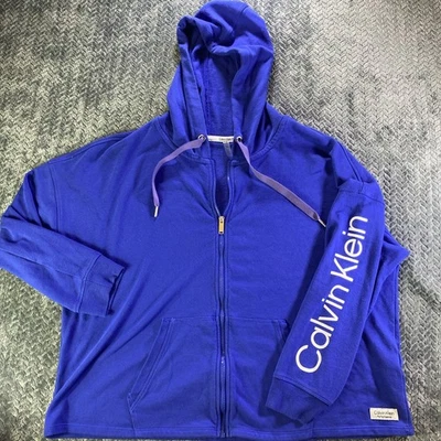 Calvin Klein Performance Blue Full Zip Hooded Sweatshirt Hoodie White Print M - Image 1 of 4