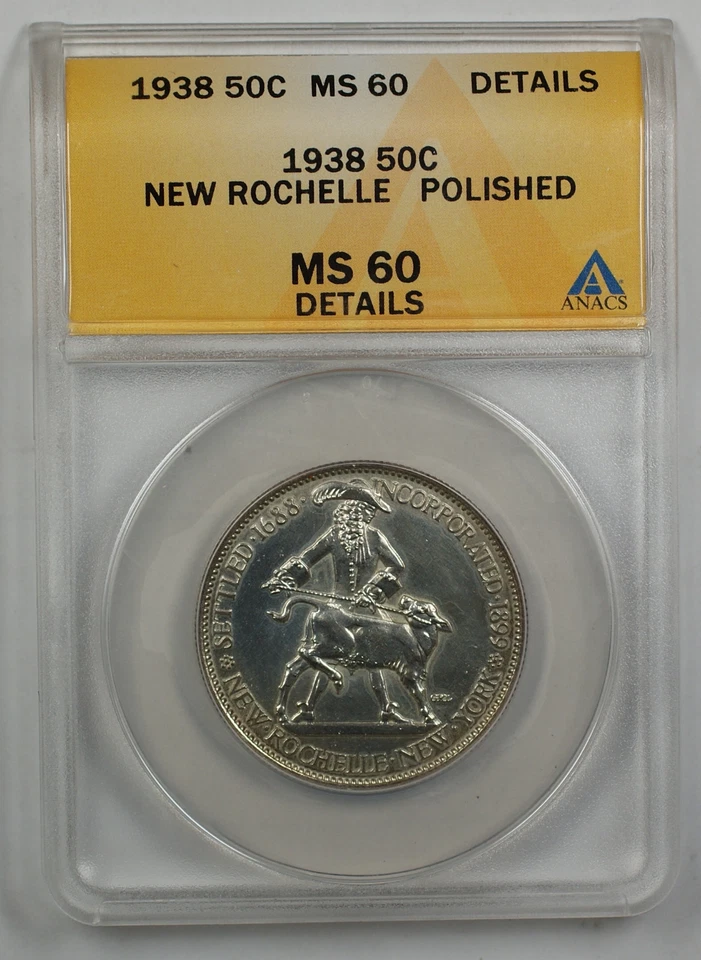 1938 New Rochelle Silver 50c Commem ANACS MS-60 Dtl Polished Presentation Strik - Image 1 of 1