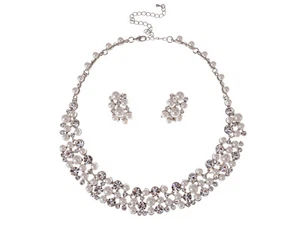 Silver Tone Flower White Faux Pearl Bead Crystal Rhinestone Necklace Dangle Earr - Picture 1 of 4