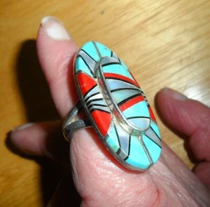 vintage Native American Ring Stone Inlay MOP/ Coral/Turquoise/Onyx Size L - Picture 1 of 9