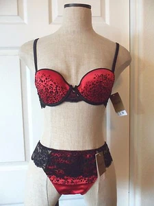 Camiseta Chantelle SATINE Negro Encaje Rojo 2062 Demi Sujetador UW 32C 3958 Tanga Tanga XS - Imagen 1 de 12