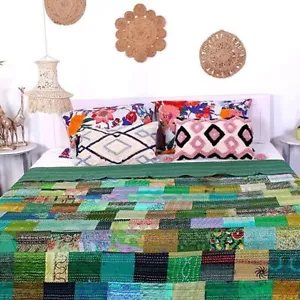 Kantha Quilt Patchwork Silk Indian Bedspread Handmade Blanket Twin Size Throw - Picture 1 of 4