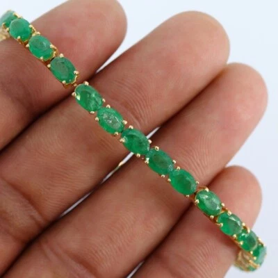 Brazalete tenis de lujo de 7" esmeralda verde ovalado de 10 quilates de oro de 14 k sobre 925 Foto 1 de 4