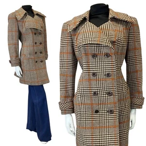VINTAGE 60s 70s BROWN CREAM ORANGE GLEN CHECKED DOUBLE-BREASTED WOOL COAT 16 18 - Picture 1 of 6
