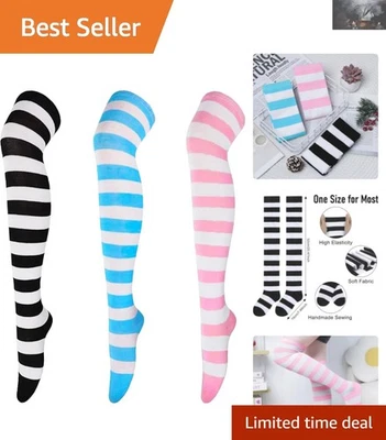 Elegantes calcetines hasta el muslo para mujer - Medias de algodón suave a rayas sobre la rodilla Foto 1 de 4