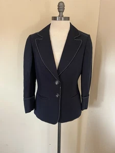 Isabel & Nina Navy Blue White Trim Career Blazer Womens Size 6 Linen Blend - Picture 1 of 7