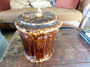 Tarro de almacenamiento Bennington grande de mediados de 1850 raro con tapa esmalte Rockingham mercancía amarilla - Imagen 1 de 10