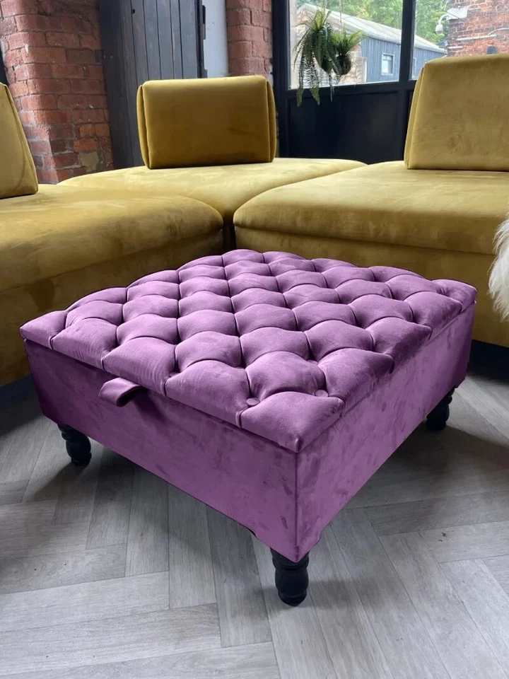 Premium Purple Velvet Square Ottoman Storage | Chesterfield Footstool Pouffe - Image 1 of 1
