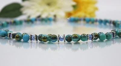 Halskette Damen Silber Kette Collier Perlen Türkis Blau Hippie Sommer #MB077 - Bild 1 von 4