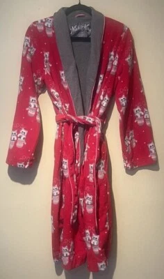 Nick & Nora Red Lined Fleece Wrap Tie Knee length Robe KITTENS in MITTENS XS/S - Image 1 of 4