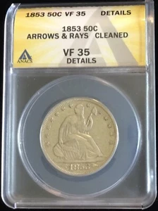 1853 Arrows and Rays Seated Liberty Half Dollar 50C - CLEANED- VF35 ANACS - Picture 1 of 4