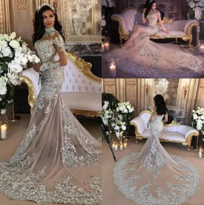 Sparkly Mermaid Wedding Dress: Sheer Bling Lace Applique Long Sleeve Champagne - Image 1 of 4