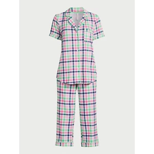 Joyspun Womens Knit Short Sleeve Notch Collar Top Capri Pajama Set Plaid S,XL - Picture 1 of 7