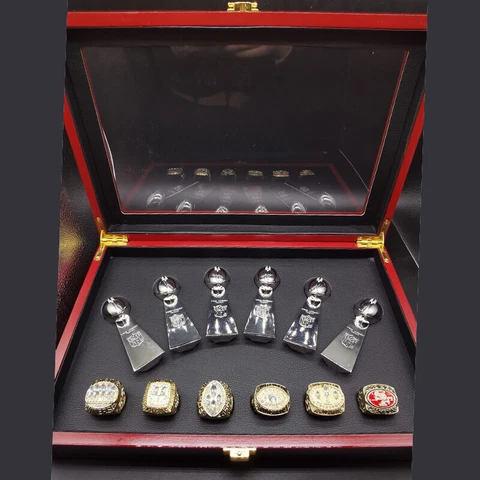 6 Pcs San Francisco 49ers Collectors Set Rings + 6 Trophies with a display box Cover