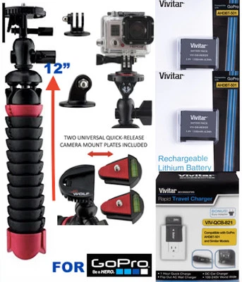 2X Battery for GoPro HERO5 BLACK AABAT-001 + RAPID CHARGER + 12" WONDER TRIPOD - Image 1 of 4