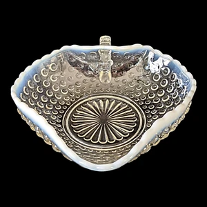 Vtg Small-Handle Heart Bowl Moonstone Clear Opalescent Anchor Hocking Hobnail - Picture 1 of 12