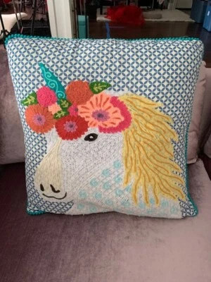 Karma Living Folk Art Unicorn Floral Embroidered Pillow Colorful Bright OOP 16" - Image 1 of 3