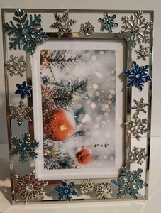 Silver Snowflake Metal Frame Gorgeous 4x6 Pic New Blue Silver - Picture 1 of 8