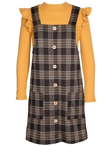 NEW Bonnie Jean Girls Size 7 "MUSTARD BROWN PLAID" Top Jumper Dress Set NWT - Picture 1 of 4