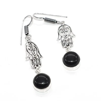 Black Onyx Gemstone Hamsa Hand Earring Fashion Handmade Earring 1 I341 - Image 1 of 4