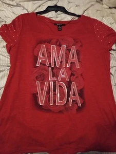 NEW Style &Co Ama La Vida Roses Spanish Love Life Rhinestones XL Shirt Blouse - Bild 1 von 4