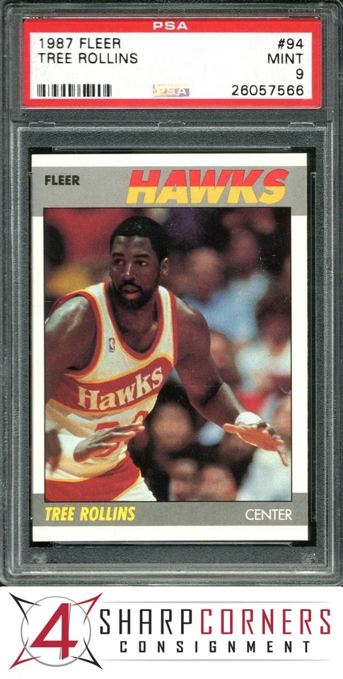 1987 FLEER #94 TREE ROLLINS HAWKS SET BREAK PSA 9 - Image 1 of 4