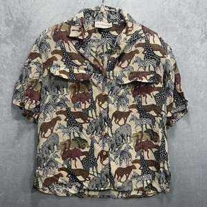 Vintage Ann May 100% Silk Blouse Animal Print Front Pockets Collar Button Up- M - Picture 1 of 10