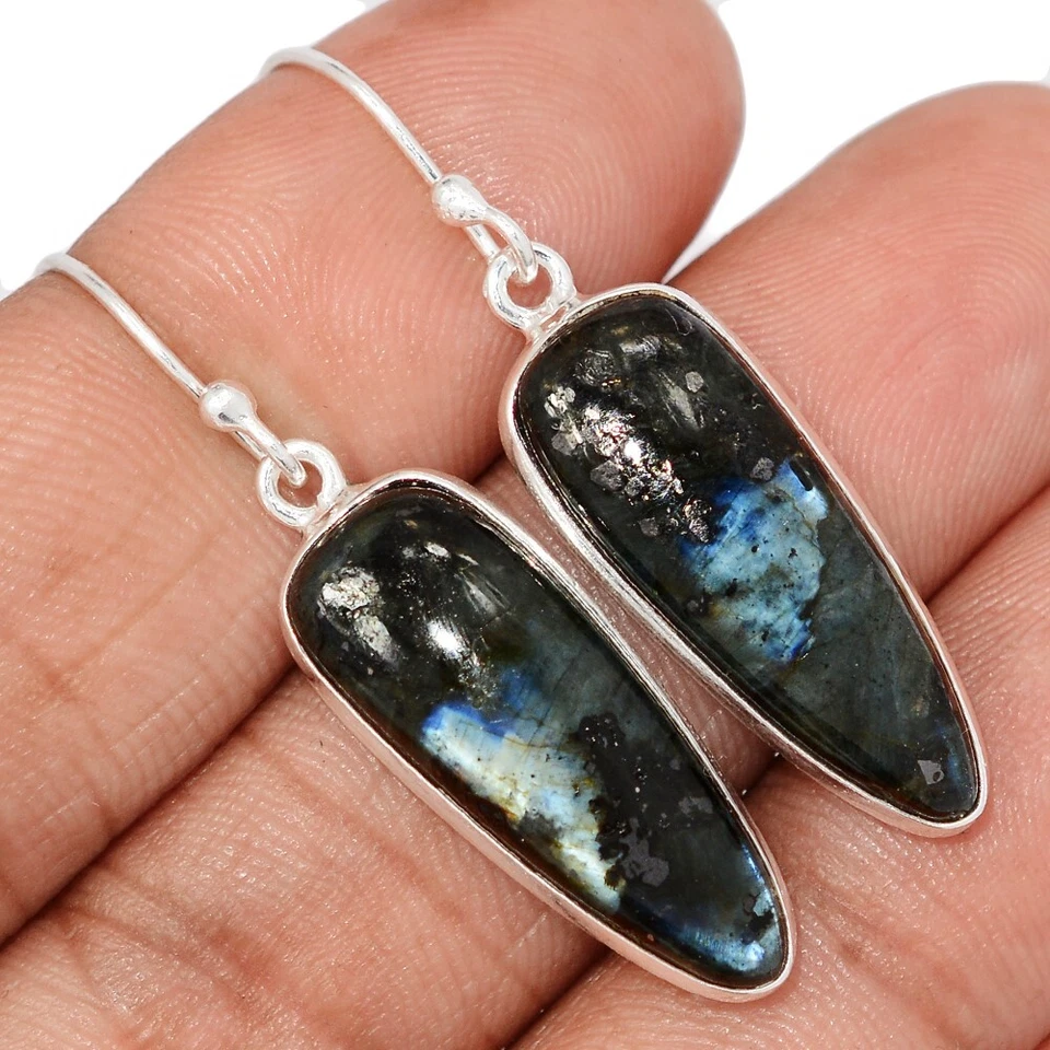 Pendientes de plata 925 Noruega piedra larvikita natural (piedra lunar negra), CE49400 Foto 1 de 1