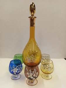 Italienische Karaffe mundgeblasen 20er-30er Jahre mit 6 Gläsern Goldrand Cordial Set - Bild 1 von 15