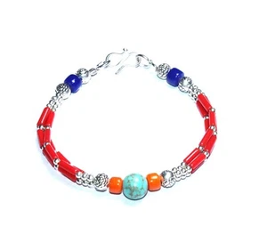 Amber Turquoise Coral Lapis Gemstone Handmade Nepali Bracelet 8.5Inch - Picture 1 of 5