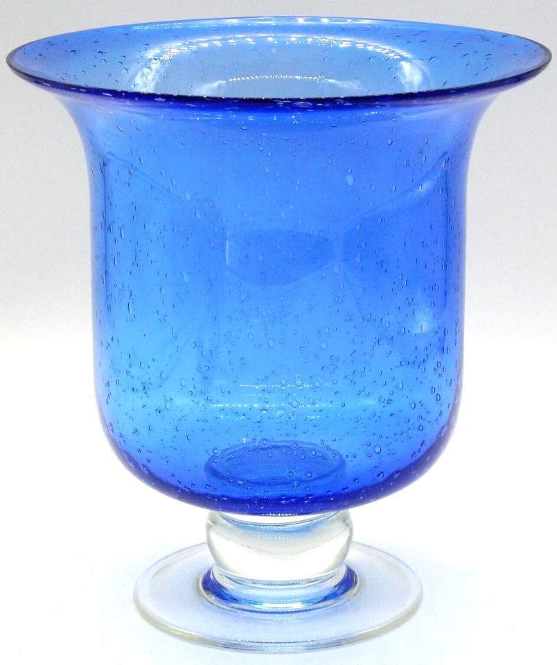 Florero decorativo pedestal borde ancho burbujas de vidrio arte soplado a mano azul cobalto cuenco Foto 1 de 4