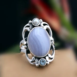 Heavenly Hue: Blue Lace Agate Silver Statement Ring Mothers Day Gift Size 10 - Picture 1 of 6