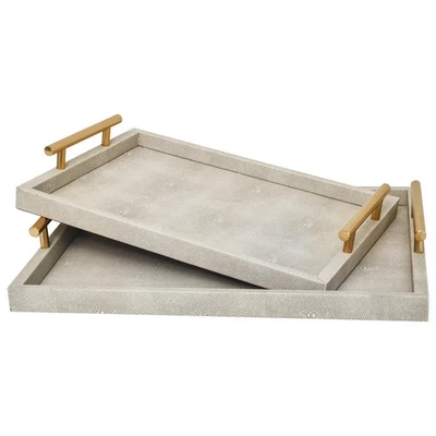 Modern Decorative Tray Set of 2 Ivory Shagreen Leather and Wood Serving Tray ... - Image 1 of 4