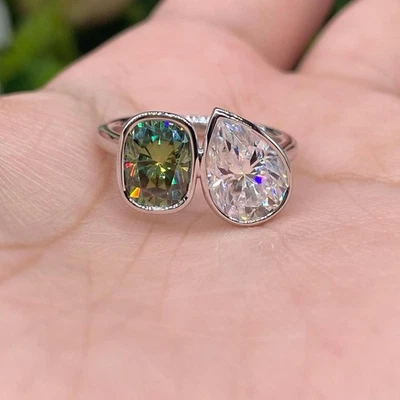 2.50 CT White Green & 2 Carat Cushion Lab Grown Diamond Two Stone Ring 14K Gold - Image 1 of 4