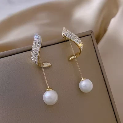 New Classic Elegant Imitation Pearl Dangle Earrings For Women Crystal Long Tasse - Image 1 of 4