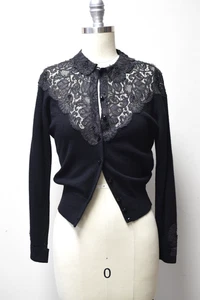Vintage 1950s Black Cashmere Cardigan Sweater w Lace Yoke Size XS - Picture 1 of 8