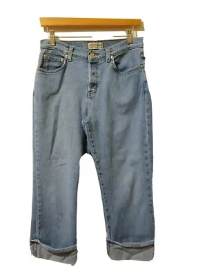 Pantalones de mezclilla London para mujer 8 bolsillos elásticos azules lavados con puños desgastados con botones Foto 1 de 4