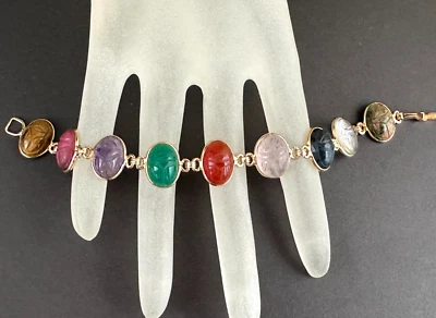 VTG 14k Yellow Gold Carved Multi-Gemstones 9 Scarab Link Bracelet 6.5" 14.9 Grs - Image 1 of 4