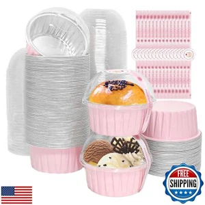 100 Pcs Aluminum Foil Baking Cups with Lids,5 oz Disposable Ramekin Cupcake L - Picture 1 of 5