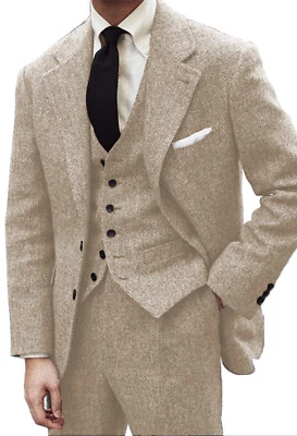 Костюм мужской твидовый 3 шт. винтажный шерстяной в елочку официальный смокинг костюмы 42r 44r 46r - Изображение 1 из 4