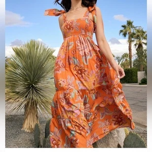 Maxi abito floreale Fate arancione smocked cravatta manica taglia S - Foto 1 di 7