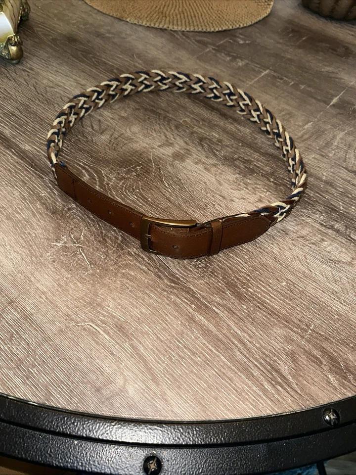 Cinturón Chaps Hombre Talla 36 Cuero Trenzado Y Cordón Azul Marino Marrón Beige Costero Náutico Foto 1 de 4