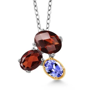 925 Silver and 10K Yellow Gold Garnet and Tanzanite Pendant Necklace For Women - Picture 1 of 4