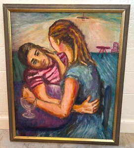 Pintura arte moderno vintage MCM 1952 hombre mujer firmada Ch. Lombardo "Ternura" - Imagen 1 de 12