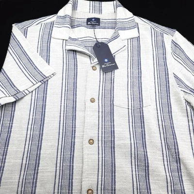Camisa Ben Sherman Botones -M- Natural Blanco Azul Rayas Mezcla Algodón - Campamento Foto 1 de 4