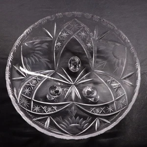 Hand Cut Crystal 3 Fiddlehead Footed 8.25" Bowl with Notched Glass Edge Vintage  - Picture 1 of 8