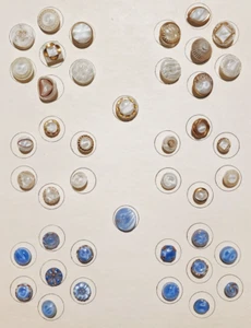 42 Vintage Blue & White Moonglow Glass Buttons Display Card Most w/ Gold Luster - Picture 1 of 11