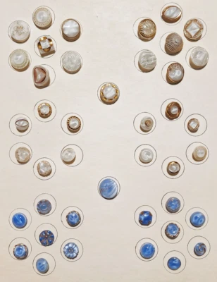 42 Vintage Blue & White Moonglow Glass Buttons Display Card Most w/ Gold Luster - Image 1 of 4