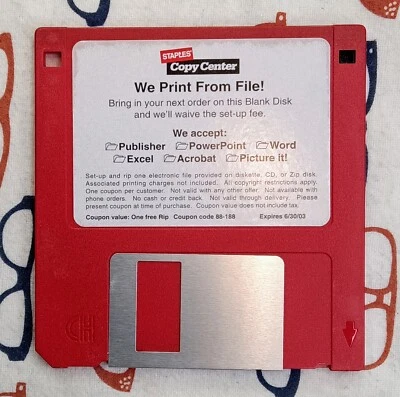 Vintage 2003 Staples Copy Center Promotional Coupon 3.25" Floppy Disc - Red - Image 1 of 2
