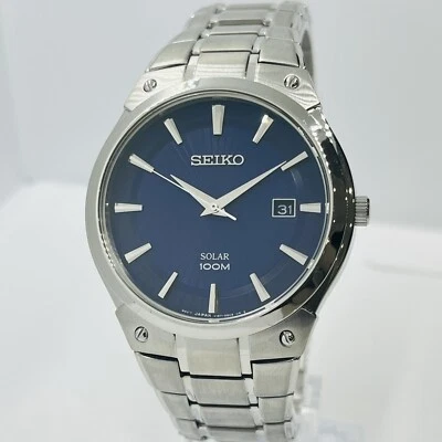 Seiko Men’s Solar Blue Dial 10ATM Stainless Steel Silver Watch SNE323 - Image 1 of 4